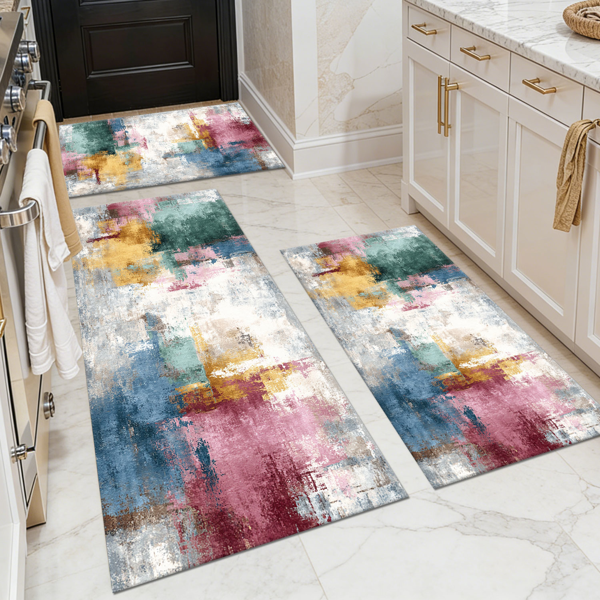 Three-piece kitchen rug set, non-slip and washable, abstract pattern kitchen hallway rug, soft and comfortable, suitable for sinks, floors, entrances, hallways and bathrooms.