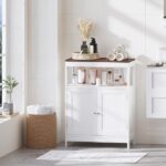 Modern Storage Cabinet with Double Doors, Free-Standing Bathroom Cabinet with Adjustable Shelf and Natural Wood Top, Multi-Purpose Organizer for Kitchen, Living Room, Bathroom or Entryway – White