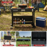 Portable Outdoor Grill Table Cart, Foldable Grill Cart with Wheels, Food Prep Table with Bottle Opener, Seasoning Tray, Rubbish Bag Holder, Black - Image 9
