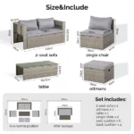 2pcs armless sofa + 2pcs footstool + 1pcs double sofa + 1pcs coffee table with storage, gray gradient rattan, gray cushion, rattan multi-piece set - Image 3
