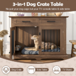 44.48" Large Dog Crate Furniture, Indoor Wooden Dog Kennel End Table with 2 Storage Drawers and Rotating Bowls, Decorative Pet Cage Dog House for Medium Dogs,Brown - Image 8