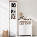 Modern Storage Cabinet with Double Doors, Free-Standing Bathroom Cabinet with Adjustable Shelf and Natural Wood Top, Multi-Purpose Organizer for Kitchen, Living Room, Bathroom or Entryway – White - Image 22