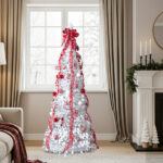 6 FT Fully Decorated Pre-lit Christmas Tree, Pop Up Artificial Xmas Tree with 100 Warm Lights and Red Ornaments for Home Office Store Holiday Deco, White - Image 7
