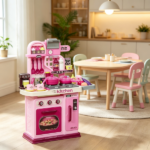 Kids Play Kitchen with Lights & Sounds – 33 Accessories, Storage for Toddler 3-6 Years Old - Image 8