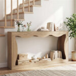 63" Narrow Console Table with Wavy Hollow Design, 2-Tier Extra Long Entryway Table with Storage Shelf - Natural - Image 3