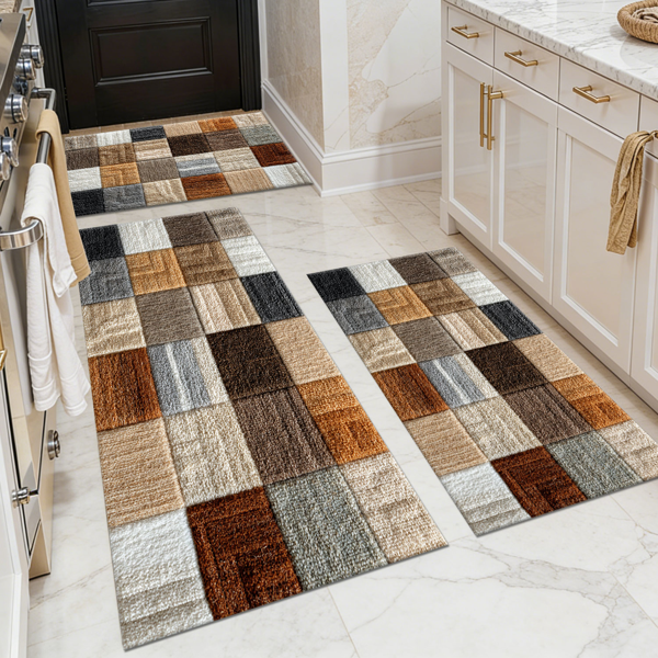 Three-piece kitchen rug set, non-slip and washable, abstract pattern kitchen hallway rug, soft and comfortable, suitable for sinks, floors, entrances, hallways and bathrooms.
