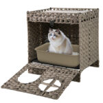 2-Tier Wicker Cat Condo with Litter Mat - Hidden Litter Box Enclosure, Detachable Washable Cushion, Gray Rattan - Image 2