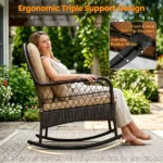 Heavy Duty PE Wicker Patio Rocking Chair 400LBS, Outdoor Rocker with Removable Washable Sponge Cushions Anti-Tip Stoppers for Porch Balcony -Brown - Image 9