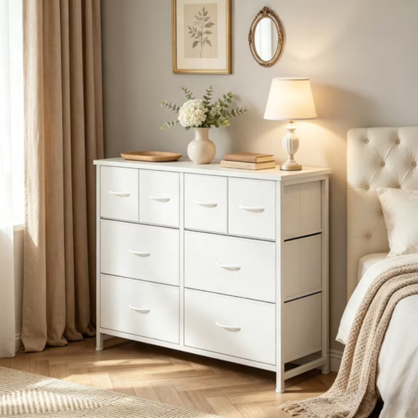 8 Drawers Fabric Cabinet Metal Frame Wide Wood Top Storage Tower TV Stand Clothes Organizer for Bedroom Living Room,White