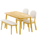 1 Table 2 Chairs 1 Bench Dining Set, Rubber Wood Frame with Beige Upholstered Seats, Natural Wood Finish Rectangular Kitchen Dining Furniture - Image 8