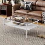 Modern Coffee Table, Tempered Glass Tabletop, Rectangle Coffee Table with Sturdy MDF Base and Golden Iron Legs, Easy Assembly Living Room Furniture, 38.39 Inch Length, Gold (Shipment from Walmart) - Image 22