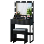 Black particleboard with a 3-compartment, 1-drawer dressing table set with 8 three-tone light bulbs, power strip, and grille series - Image 3