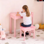 Pink MDF + solid wood legs, spray paint + silkscreen printing, cow pattern, 1-drawer children's dressing table set, LED three-color backlit touch switch - Image 9