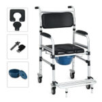 2-in-1 Aluminum Commode Shower Wheelchair Bath/Toilet Use, Adjustable Height (38"-42"), Foldable Pedal, Aluminum Alloy Frame, Soft Sponge Cushion - Image 3