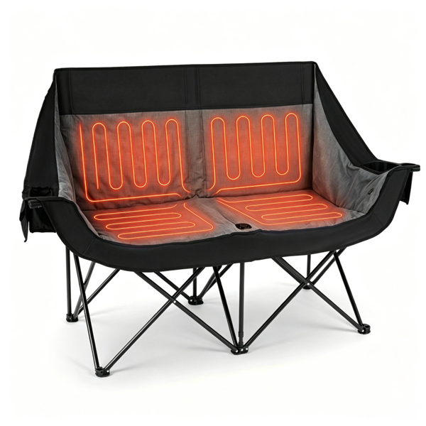 bb155259-930e-4e7a-9a22-6efe63b8f324.png Black Dual Person Heated Folding Camping Chair 4 Heating Zones 3 Temperature Levels, Heavy Duty 660 LBS Double Outdoor Loveseat with Cup Holders Storage Pockets & Carry Bag for Picnic Beach Sports - Image 1