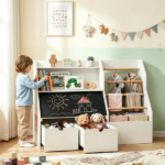 Kids Toy Storage Organizer with Flip Chalkboard, Rolling Drawers & Hanging Rods, Rounded Edge Toddler Bookshelf Engineered Wood Playroom Cabinet for Children 3+ Years Old - Image 4