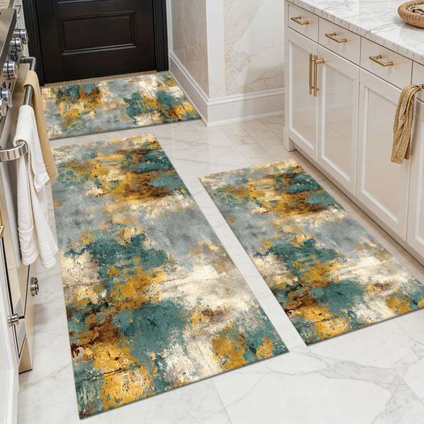 bb32bb63-851a-46c5-b1c2-082f670b9cd9.png Three-piece kitchen rug set, non-slip and washable, abstract pattern kitchen hallway rug, soft and comfortable, suitable for sinks, floors, entrances, hallways and bathrooms. - Image 1