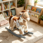 Brown Kids Rocking Horse – Soft Plush Horse Rocker with Rabbit Toy, Realistic Neigh for Playroom & Living Room - Image 4
