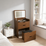 3-in-1 Vanity Desk with Lighted Mirror & Stool, Flip Top Makeup Dressing Table, Compact Storage for Bedroom, Bathroom, Dressing Room(23.62"L, Walnut) - Image 5