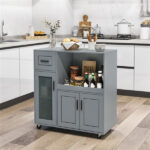 Gray Kitchen Island Cart with Microwave Shelf, Drawer & 2-Door Cabinet, 360° Swivel Casters - Image 9