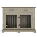 44.48" Large Dog Crate Furniture, Indoor Wooden Dog Kennel End Table with 2 Storage Drawers and Rotating Bowls, Decorative Pet Cage Dog House for Medium Dogs, Gray - Image 3