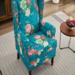 Modern Accent Chair with Retro Wood Legs, Comfy Upholstered Armchair, Floral Design Single Sofa Chair for Living Room Bedroom Office - Floral Cyan - Image 5