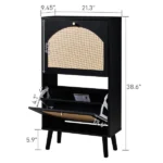 2-Drawer Tall Arched Rattan-Finished Shoe Cabinet Particleboard + Plastic Rattan 21.26*9.45*38.58in Black Frame + Natural Wood-Colored Rattan Top + Black High Legs - Image 6