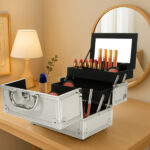 SM-2176 Aluminum Makeup Train Case Jewelry Box Cosmetic Organizer with Mirror 9"x6"x6" Silver - Image 2