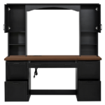 Farmhouse Arched Computer Desk with Hutch, Mid-Century Walnut Home Office Workstation with Charging Station & Keyboard Tray, All-in-One Writing Desk with File Drawer for Study, Office, Black - Image 7