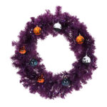 24in Pre-lit Halloween-Themed Christmas Wreath, Lighted Artificial Xmas Wreath with 50 Purple & Orange Lights and 100 PVC Tips and DIY Ball Ornaments, for Front Door Gate Wall Xmas Party Decorations