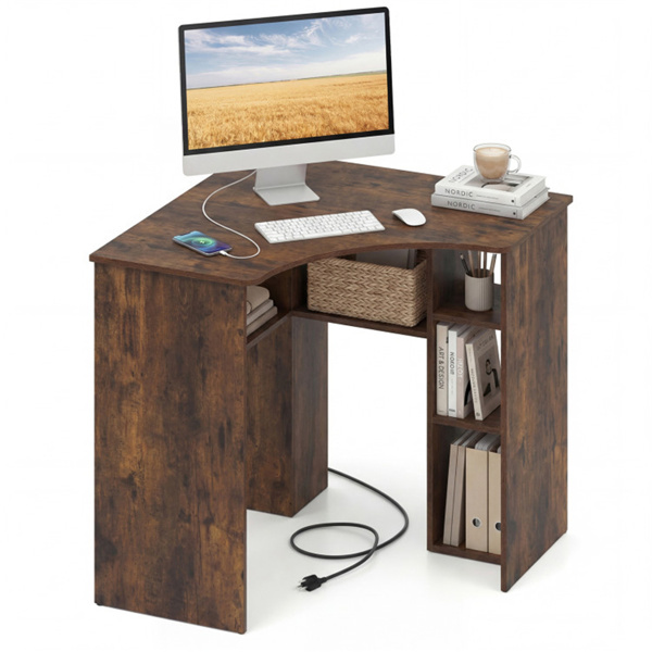 L-Shaped Corner Computer Desk 90° Triangle Home Office Desk with Adjustable Storage Shelves