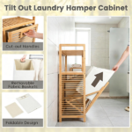 32 Inch Double Compartment Bamboo Laundry Organizer Freestanding Cabinet, Raised Guardrail Top Shelf Rounded Corner Dirty Clothes Bin Separate Light Dark Clothes Storage Natural Finish - Image 6
