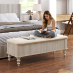 50.8-inch Multi-Functional Storage Ottoman Bench-Solid Rubberwood Bed End Bench with Linen Seat, Storage Bench for Bedroom, Entryway Shoe Organizer for Bedroom, Living Room, Entryway, Closet, Beige - Image 8