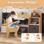 Kids Table and Chair Set with Storage Drawers House-Shaped Study Desk for Playroom Bedroom- Natural - Image 11