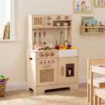 Kids Wooden Play Kitchen with Realistic Lights & Sounds, Pretend Ice Maker & Accessories for Toddlers - Image 3