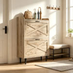 2-Drawer Barn Door Shoe Cabinet with Side Panel Countertop Melamine Board Embossed MDF Shoe Cabinet 31.61*9.45*39.37in Grey Oak