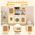 Kids Wooden Kitchen Playset 3+ with Fridge Sink Washing Machine with Realistic Light Sound Rattan Doors - Yellow - Image 2