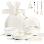 19-Piece Cookware Set, 5 Pots and 2 Lids, Removable Handles, Non-Stick Aluminum Pots and Pans, Microwave & Oven Safe, Dishwasher Safe, Cream White - Image 3