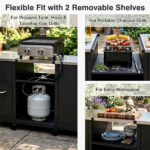 59 Inch Multi-Use Outdoor BBQ Grill Prep Table with Removable Storage Shelves, 8 Rolling Lockable Wheels Heavy Duty Metal Grill Cart Stainless Steel Countertop Ventilated Cabinet 880 LBS Total Capacity Black Silver - Image 7