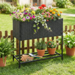 28" Elevated Raised Planter Box with Storage Shelf, Ergonomic Garden Bed for Patio Balcony Herb Vegetable - Black - Image 2