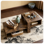 2-Tier Modern Geometric Coffee Table Engineered Wood Low Center Table with Storage Shelf, Waterproof Surface Cross Base Accent Table for Living Room Tea Game Work - Brown - Image 8