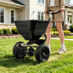 Black Heavy-Duty Walk-Behind Broadcast Lawn Spreader, 66 Lbs Capacity Adjustable Flow Control, Pneumatic Rubber Wheel Push Spreaders for Grass Seed Fertilizer Snow Salt - Image 5