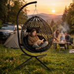 Foldable Hanging Egg Chair with Stand, HDPE Rattan Wicker Swing Chair with Cushion, Heavy Duty Frame 350 Lbs Capacity, Outdoor Patio Indoor Bedroom Balcony, Black+ Black - Image 15