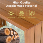 5 Piece Outdoor Bar Set, Patio Acacia Wood Bar Height Table & Four Stools with Cushions, Wood Dining Bar Set for Backyard, Poolside, Balcony, Beige Cushion and Natural Wood - Image 11