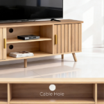 59.05 Inch Low Profile TV Stand - Light Brown Laminate Particle Board Media Console with Double Slatted Doors, Entertainment Center for Living Room & Bedroom - Image 4