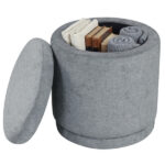 7.7 Gallon Round Storage Ottoman Foot Rest with Acacia Wood Frame, 400LBS Load Capacity Footstool- Gray