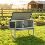 Gray Indoor/Outdoor Elevated Rabbit Hutch – Wooden Bunny Cage with Hinged Asphalt Roof & Removable Cleaning Tray