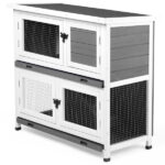 2 Story Solid Wood Rabbit Hutch Bunny Cage with 2 Large Main Rooms, Indoor Outdoor Rabbit House Guinea Pig Cage Pet House for Small Animals with 2 Removable Trays, Grey - Image 4