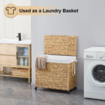 160L 3-Section Laundry Hamper with Lid and Wheels, Woven Natural Water Hyacinth Rolling Laundry Hamper - Image 8