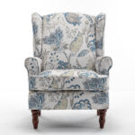Modern Accent Chair with Retro Wood Legs, Comfy Upholstered Armchair, Floral Design Single Sofa Chair for Living Room Bedroom Office - Floral Blue - Image 3